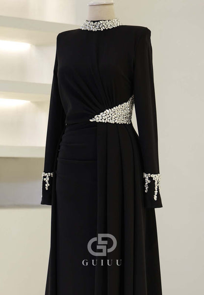 Charming A-Line High Neck Long Sleeves Beads Empire-Waist Evening Dress