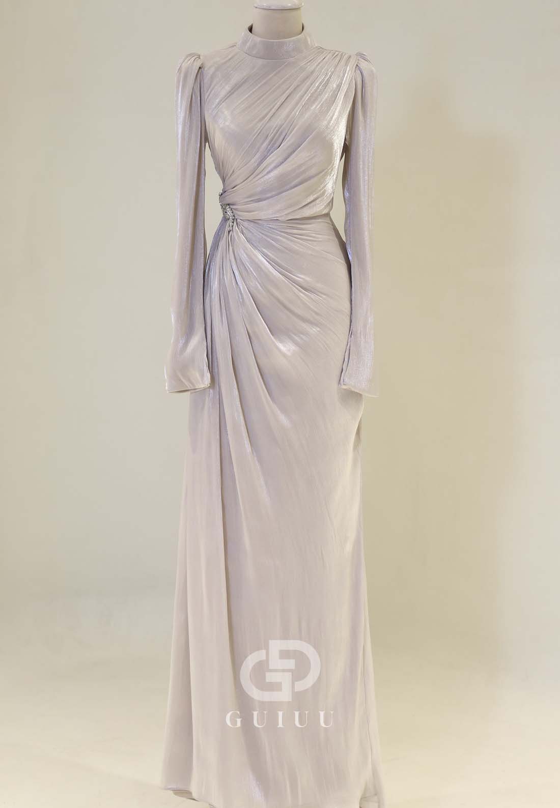 High Neck Long Sleeves Ruched Empire-Waist Formal Evening Dress