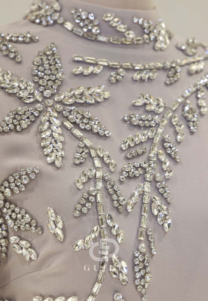 A-Line High Neck Long Sleeves Beads Formal Evening Dress