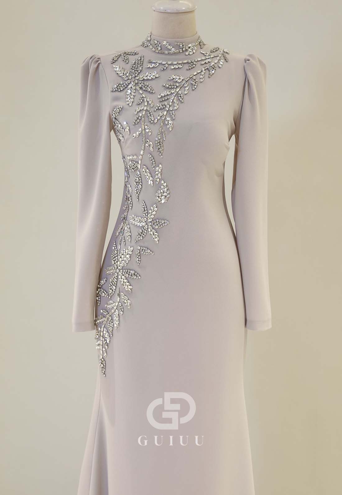 A-Line High Neck Long Sleeves Beads Formal Evening Dress