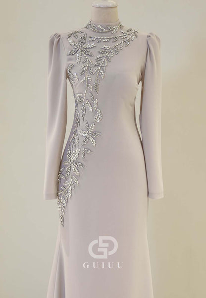 A-Line High Neck Long Sleeves Beads Formal Evening Dress