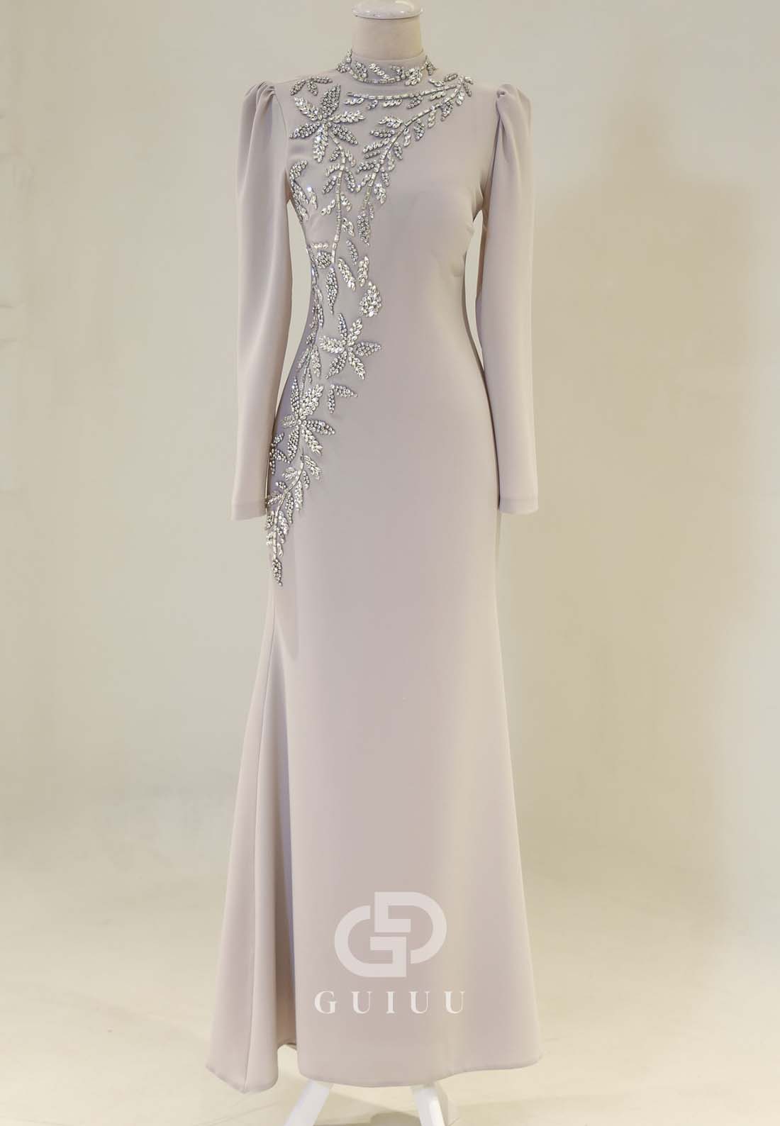 A-Line High Neck Long Sleeves Beads Formal Evening Dress