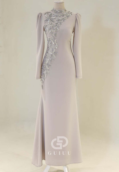 A-Line High Neck Long Sleeves Beads Formal Evening Dress