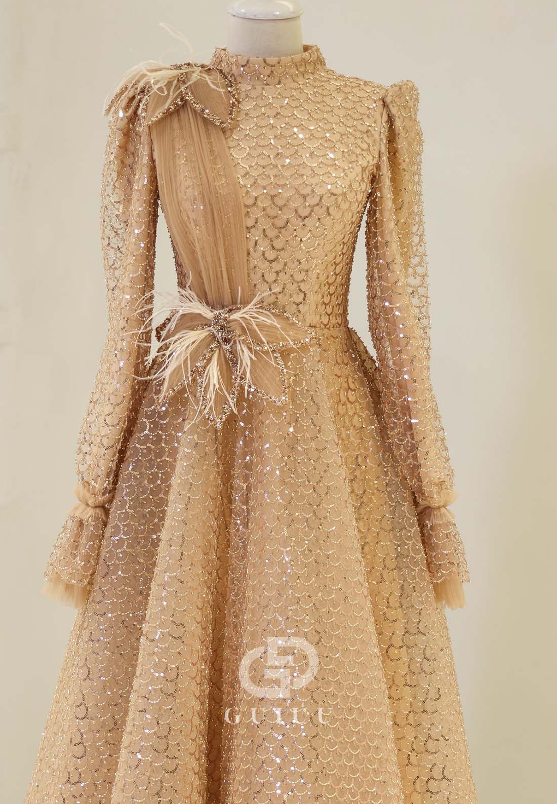 Elegant A-Line Long Sleeves High Neck Empire-Waist Evening Formal Dress