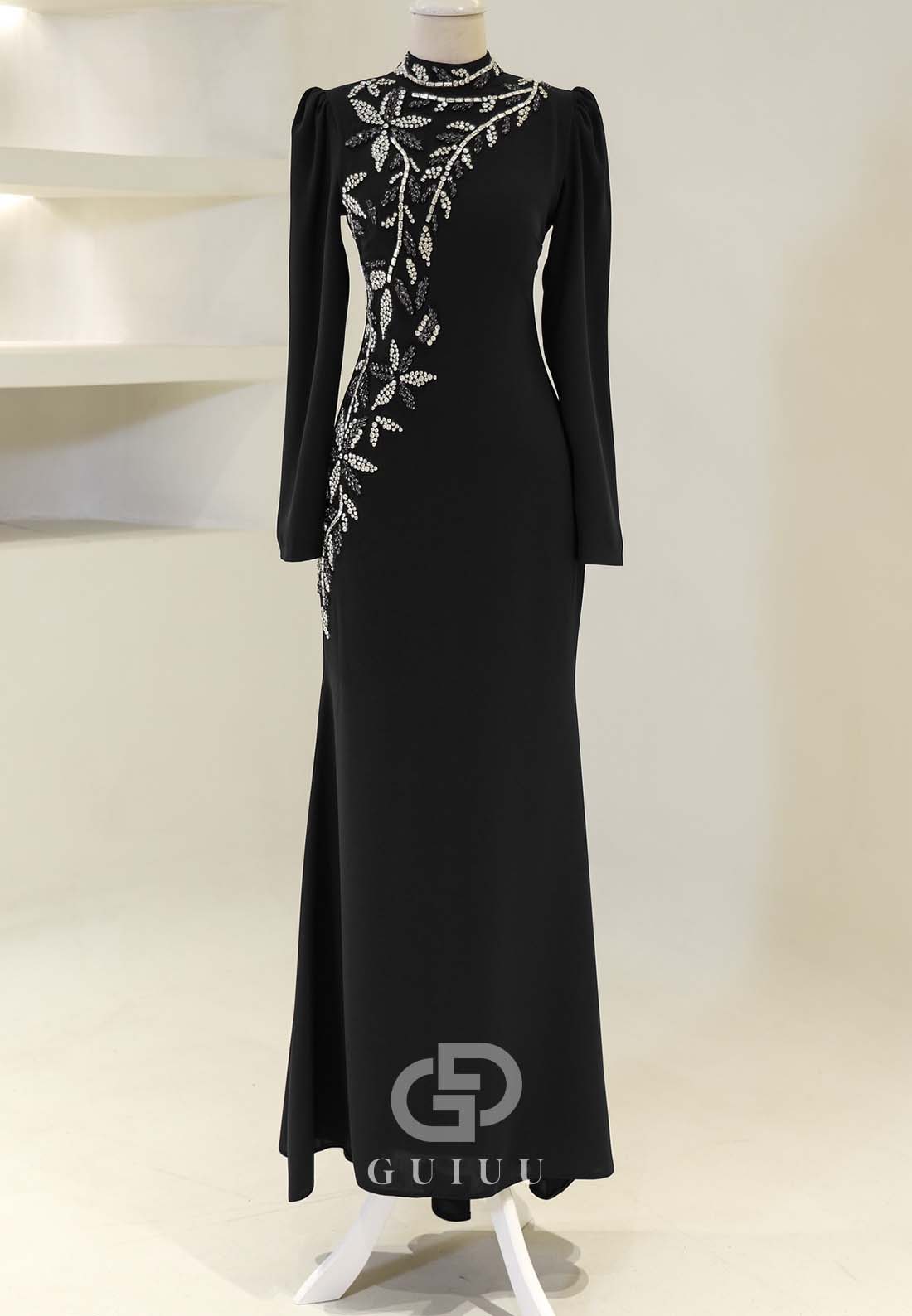 A-Line High Neck Long Sleeves Beads Formal Evening Dress