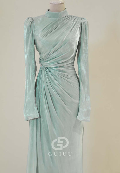 High Neck Long Sleeves Ruched Empire-Waist Formal Evening Dress