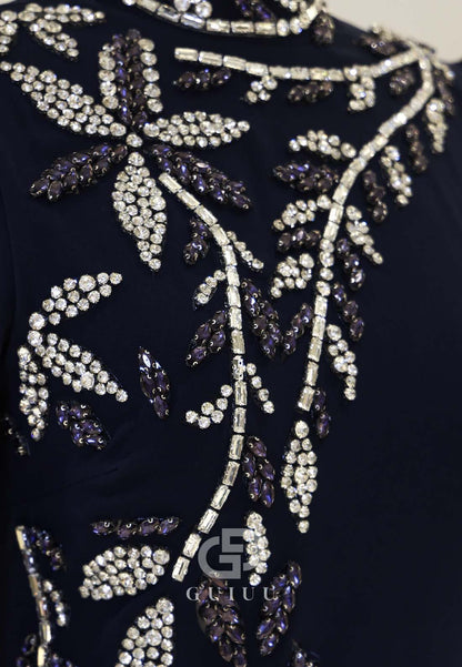 A-Line High Neck Long Sleeves Beads Formal Evening Dress