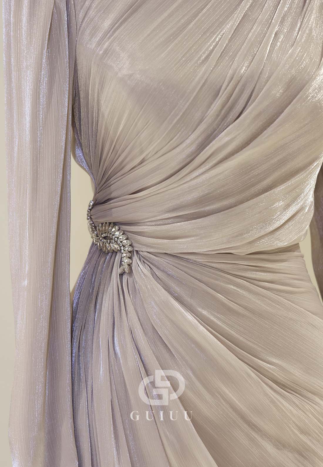 High Neck Long Sleeves Ruched Empire-Waist Formal Evening Dress