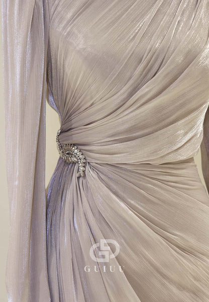 High Neck Long Sleeves Ruched Empire-Waist Formal Evening Dress