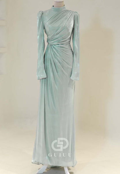 High Neck Long Sleeves Ruched Empire-Waist Formal Evening Dress