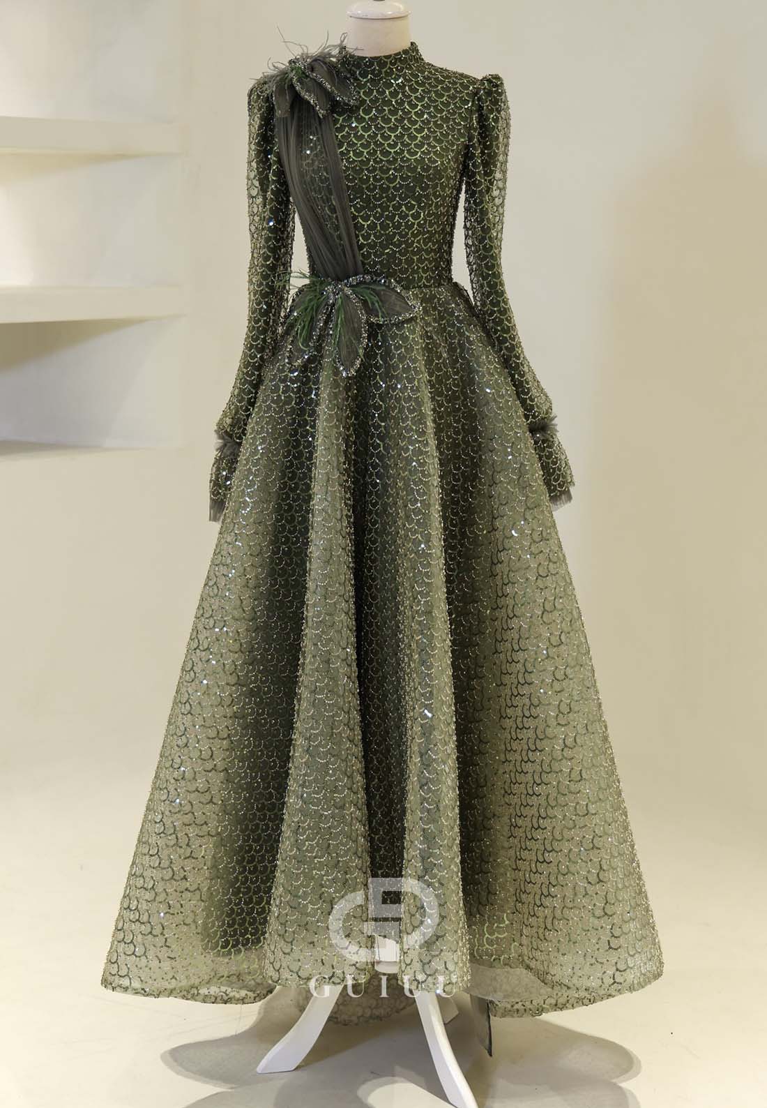 Elegant A-Line Long Sleeves High Neck Empire-Waist Evening Formal Dress