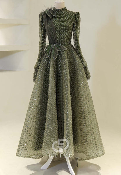 Elegant A-Line Long Sleeves High Neck Empire-Waist Evening Formal Dress