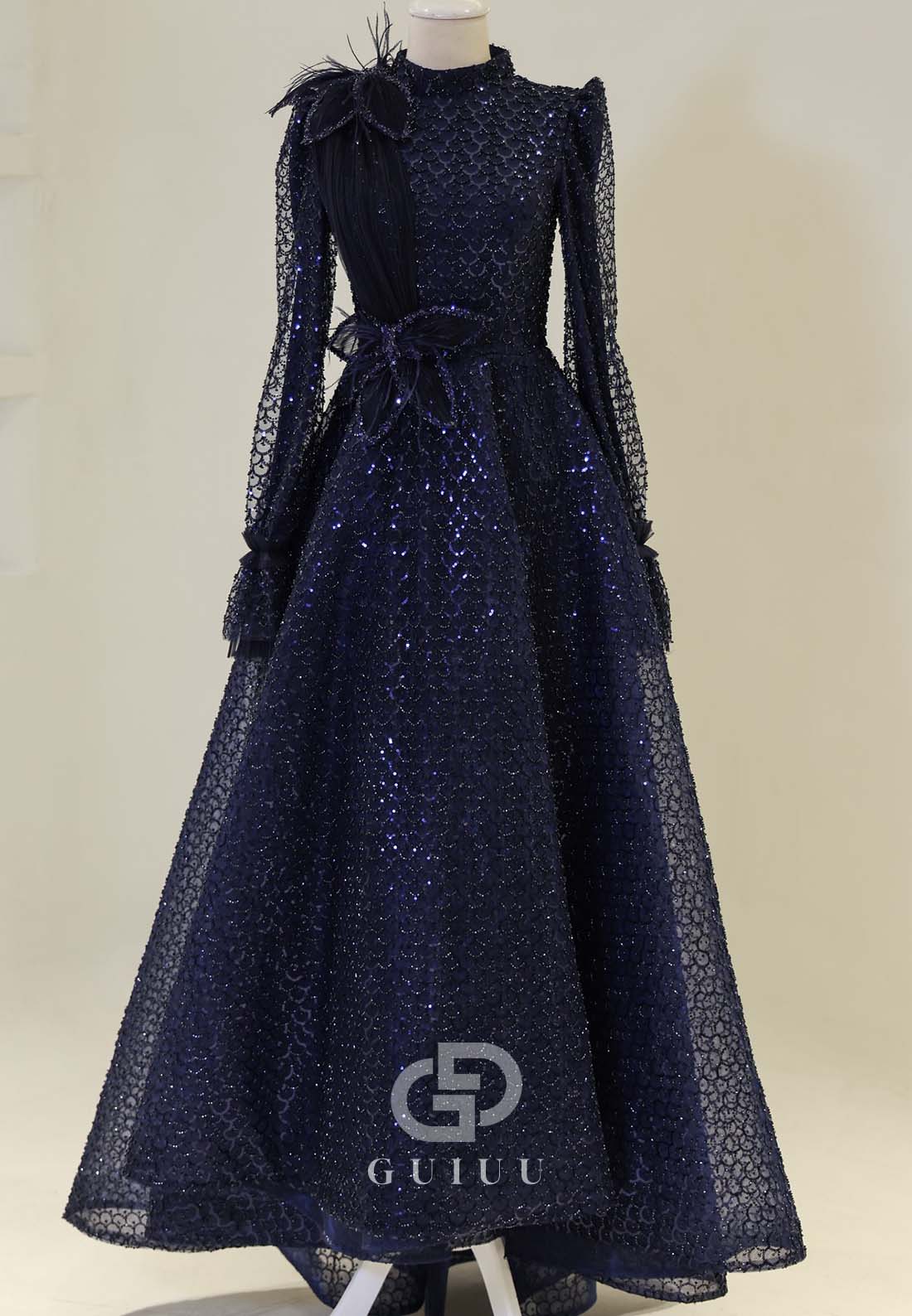 Elegant A-Line Long Sleeves High Neck Empire-Waist Evening Formal Dress