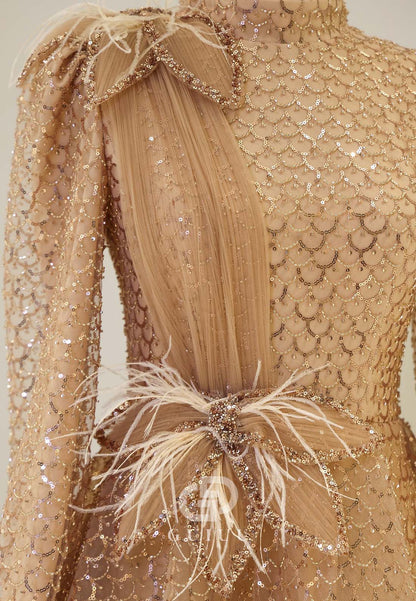 Elegant A-Line Long Sleeves High Neck Empire-Waist Evening Formal Dress