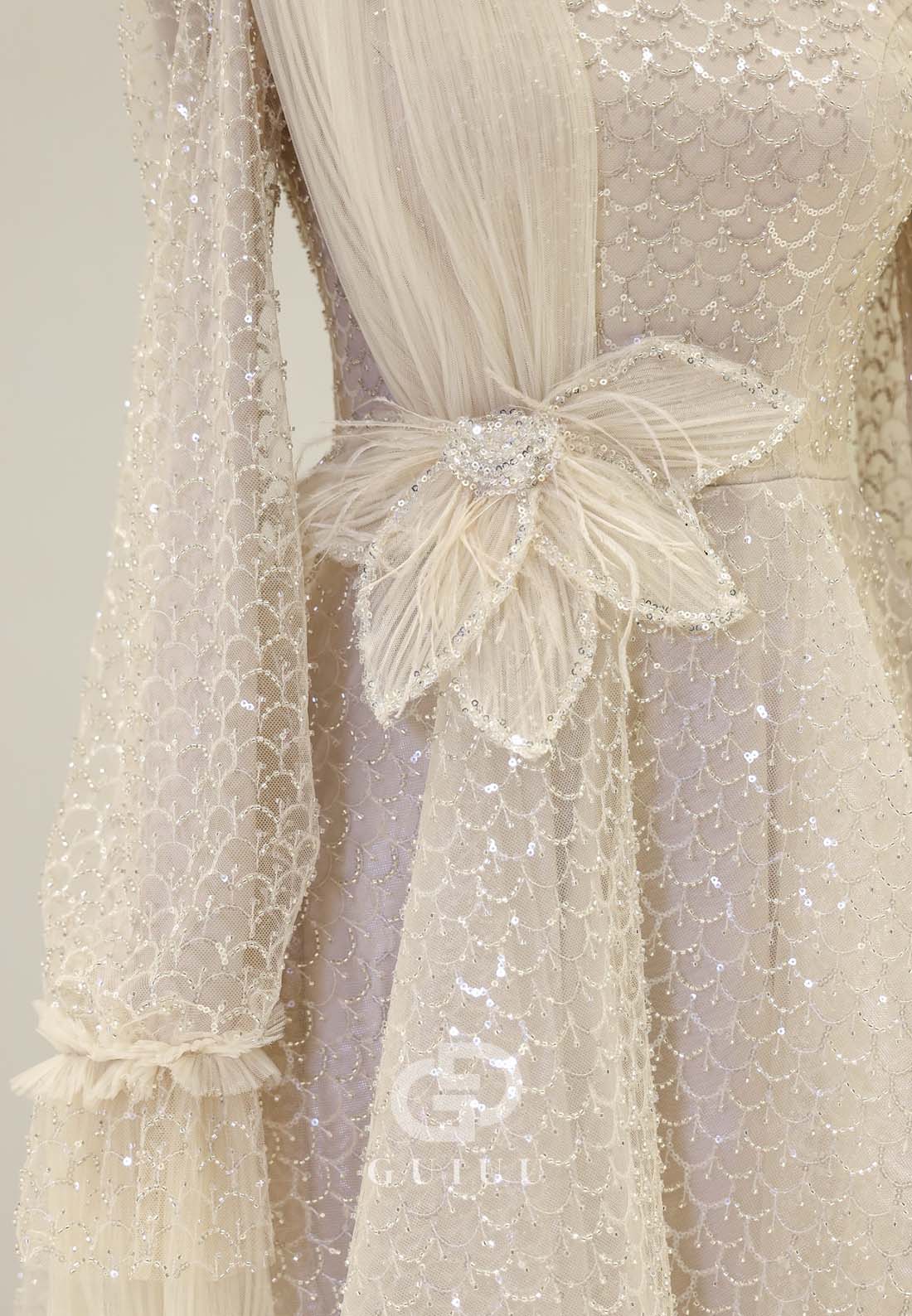 Elegant A-Line Long Sleeves High Neck Empire-Waist Evening Formal Dress