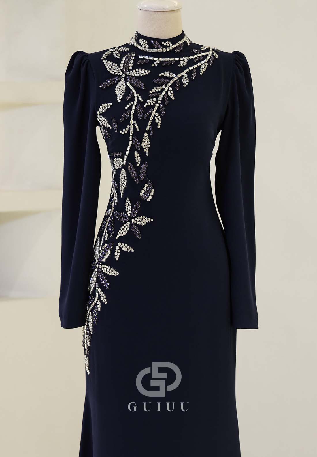 A-Line High Neck Long Sleeves Beads Formal Evening Dress