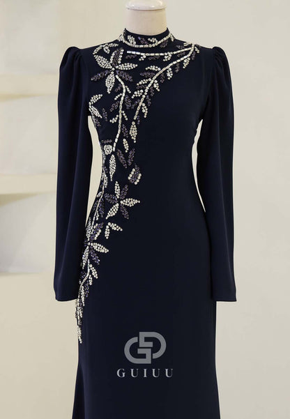 A-Line High Neck Long Sleeves Beads Formal Evening Dress