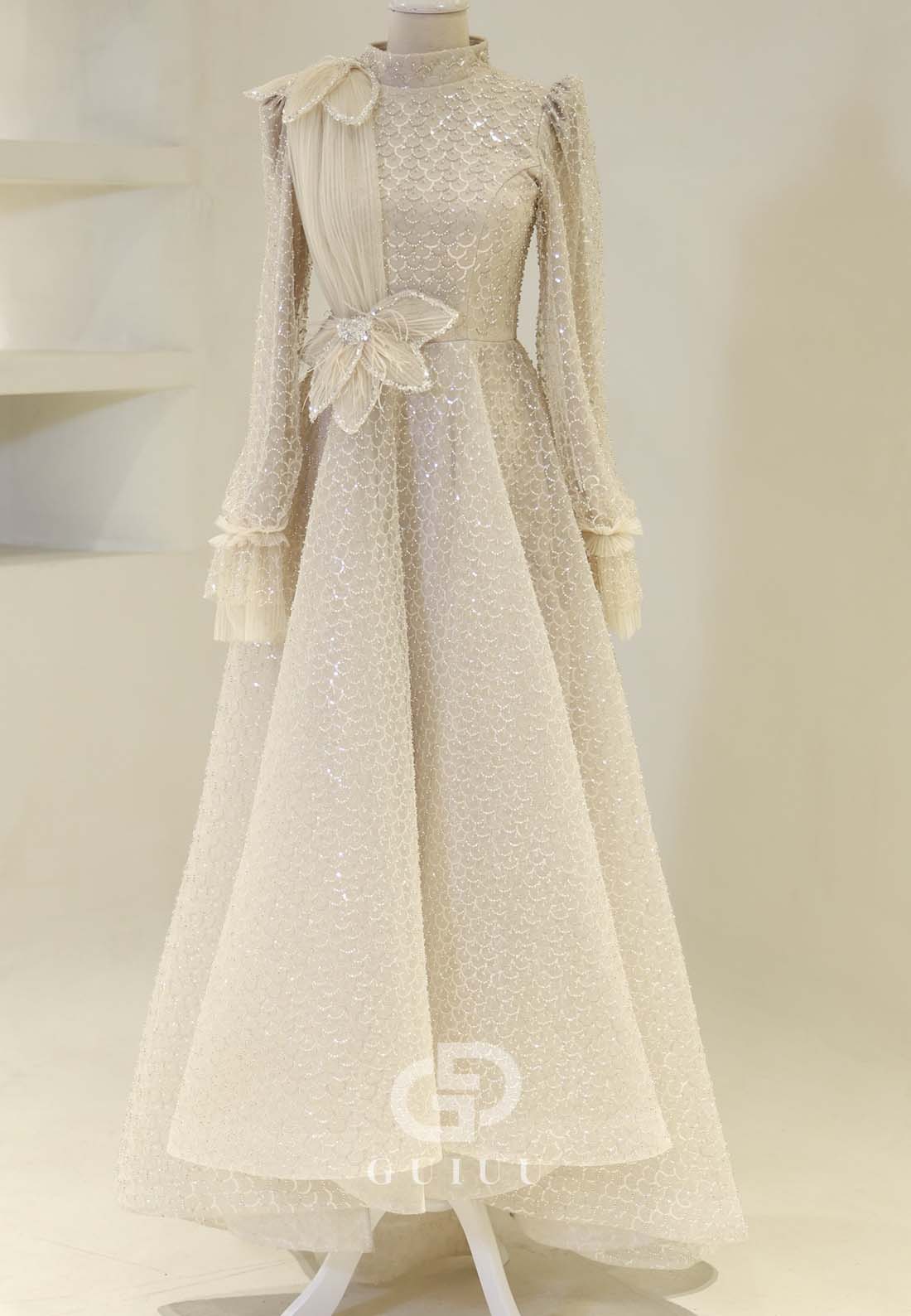 Elegant A-Line Long Sleeves High Neck Empire-Waist Evening Formal Dress