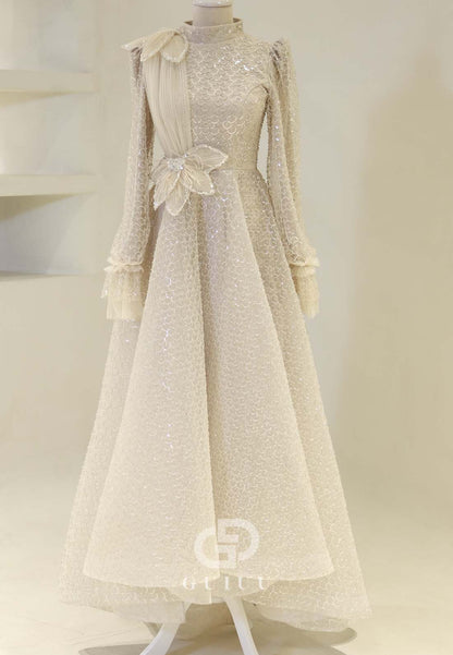 Elegant A-Line Long Sleeves High Neck Empire-Waist Evening Formal Dress