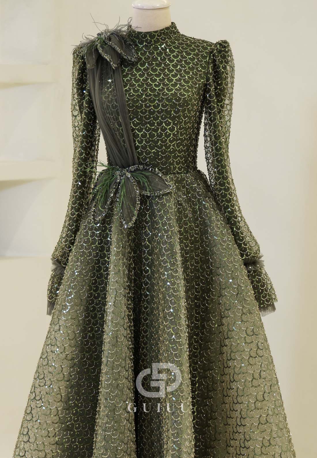 Elegant A-Line Long Sleeves High Neck Empire-Waist Evening Formal Dress