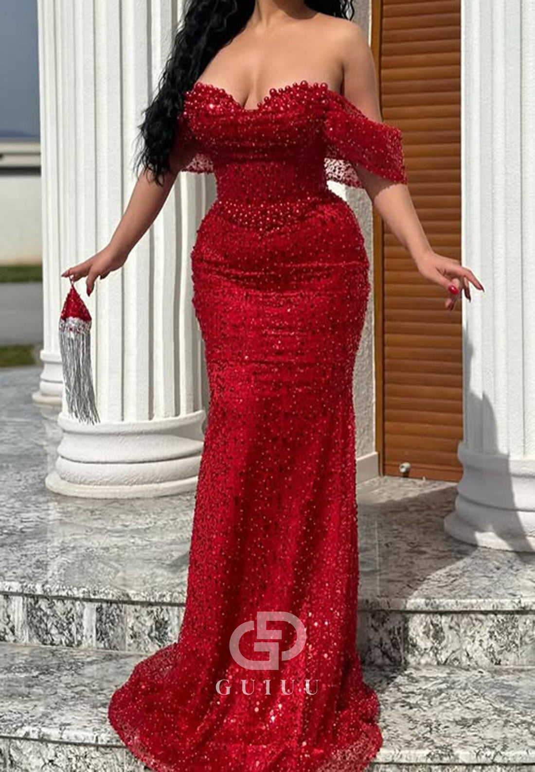 G3275 - Chic & Modern Beaded Off-Shoulder Pleats Champagne Party Prom Evening Dresses