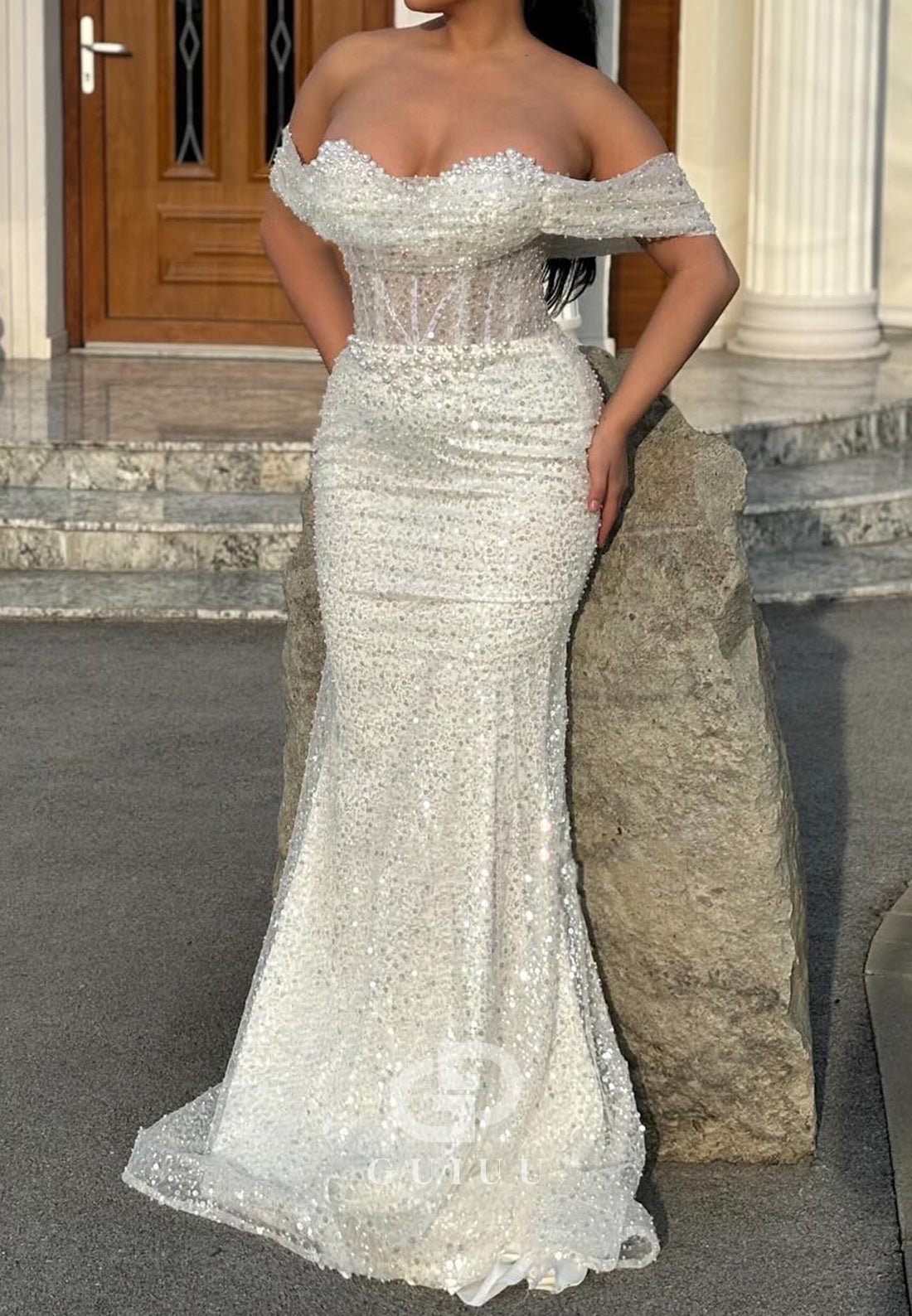 G3275 - Chic & Modern Beaded Off-Shoulder Pleats Champagne Party Prom Evening Dresses