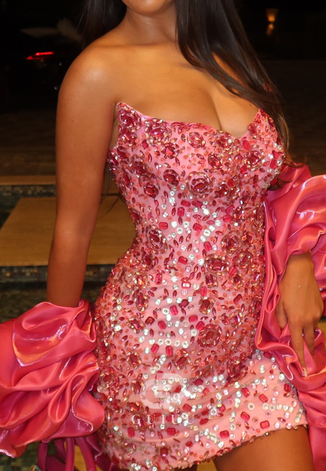 Blushing Pink Strapless Sleevelss Beads Mini Homecoming Dress