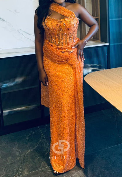 Papaya One Shoulder Sleeveless Ruched Floor-Length Prom Dress