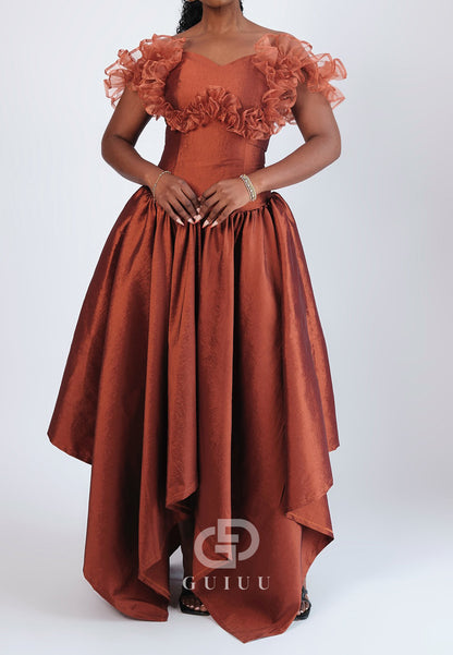 Terracotta Sleeveless Strapless Feathers A-Line Prom Dress