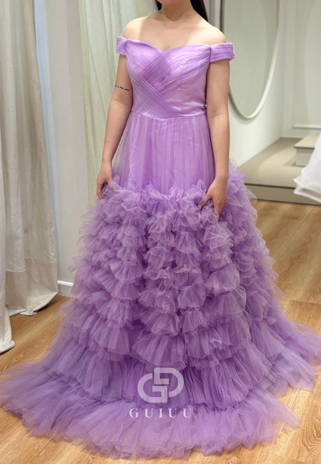 Lilac Sleeveless Strapless Ruffles A-Line Lace Prom Dress
