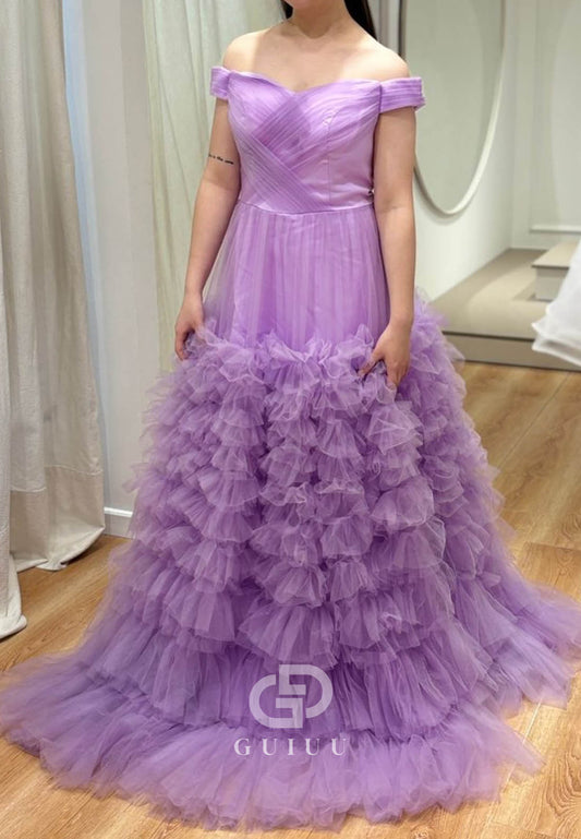Lilac Sleeveless Strapless Ruffles A-Line Lace Prom Dress