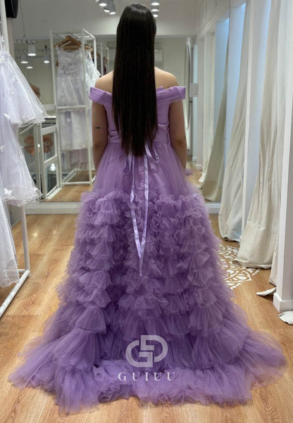 Lilac Sleeveless Strapless Ruffles A-Line Lace Prom Dress
