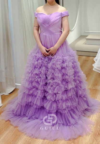 Lilac Sleeveless Strapless Ruffles A-Line Lace Prom Dress