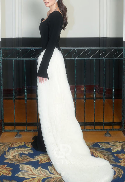 Black Long Sleeves Scoop Sheath Satin Evening Dress