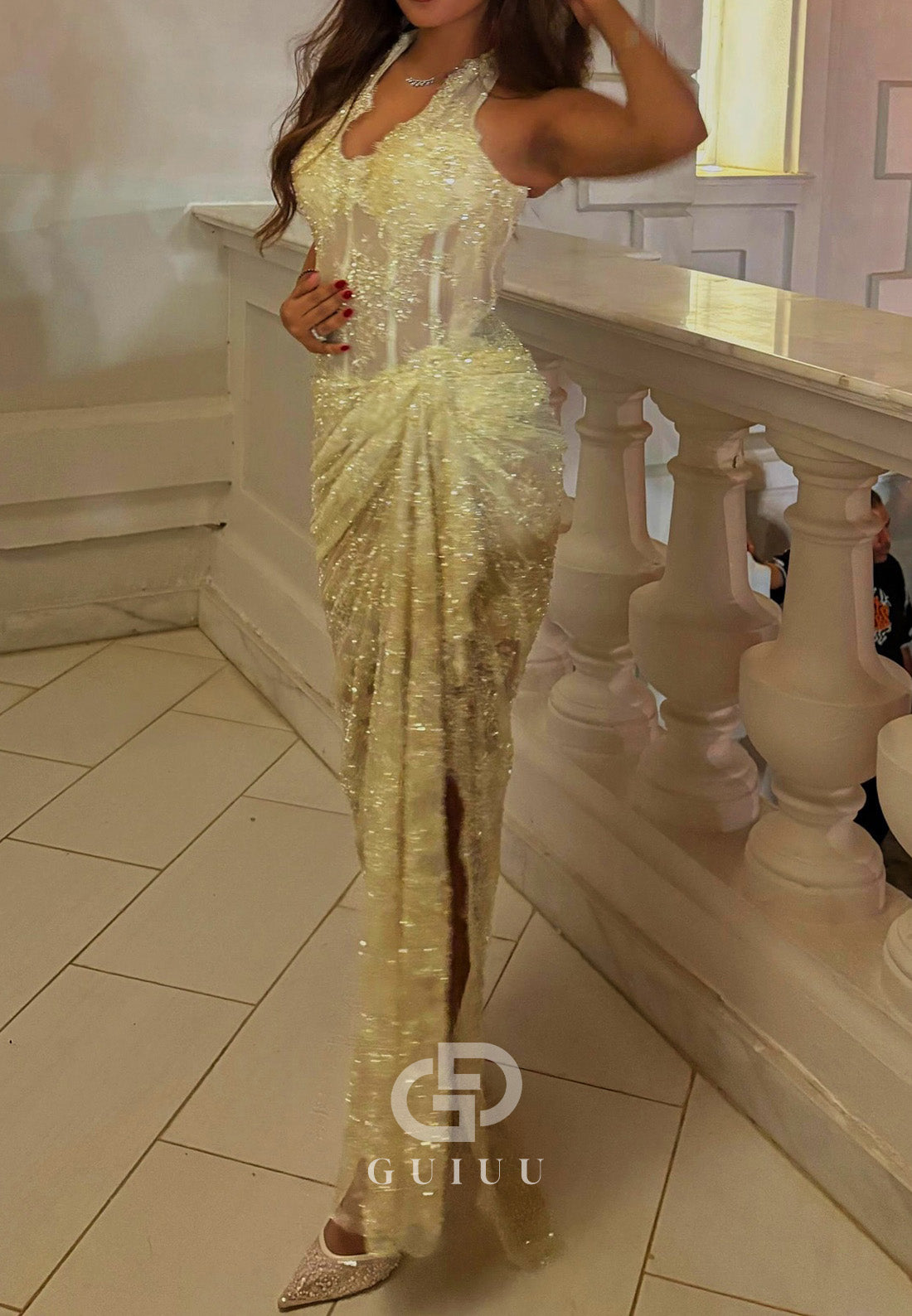 Daffodil Halter Sleeveless Slit Ruched Lace Prom Dress