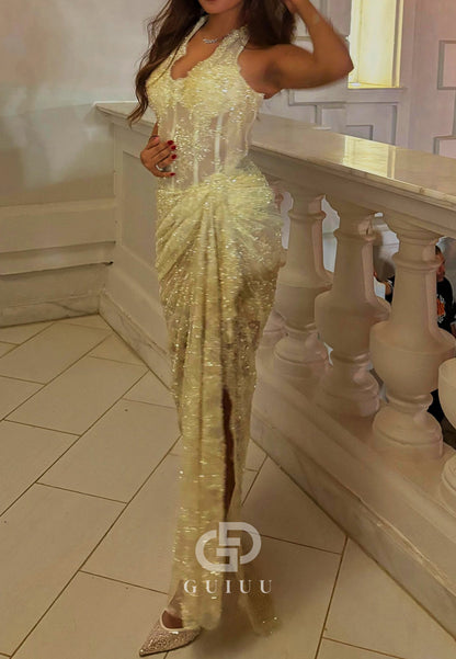 Daffodil Halter Sleeveless Slit Ruched Lace Prom Dress