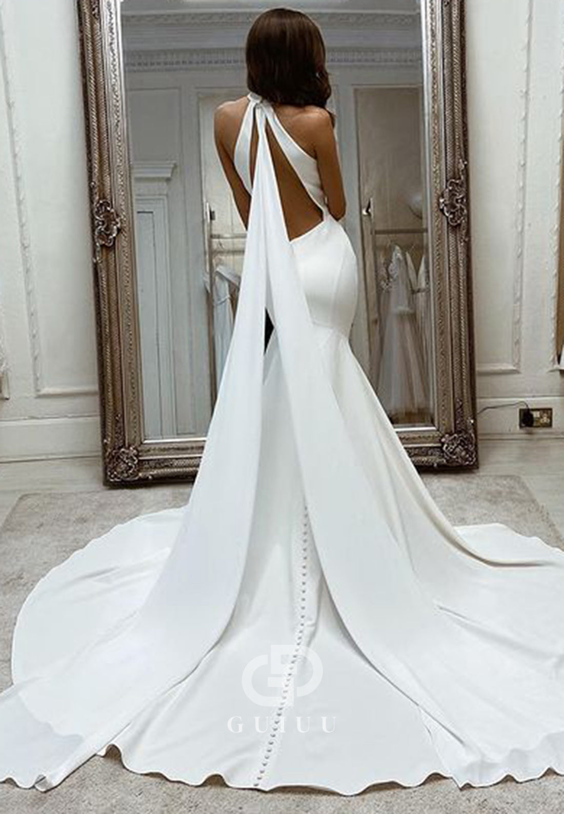 Simple Halter Sleeveless Backless Satin Wedding Dress