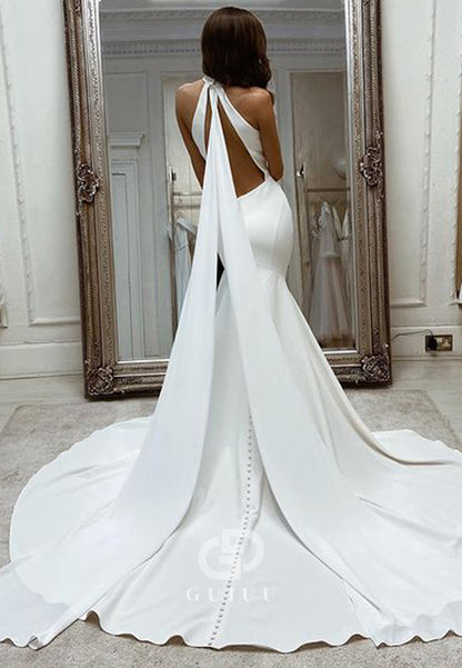 Simple Halter Sleeveless Backless Satin Wedding Dress