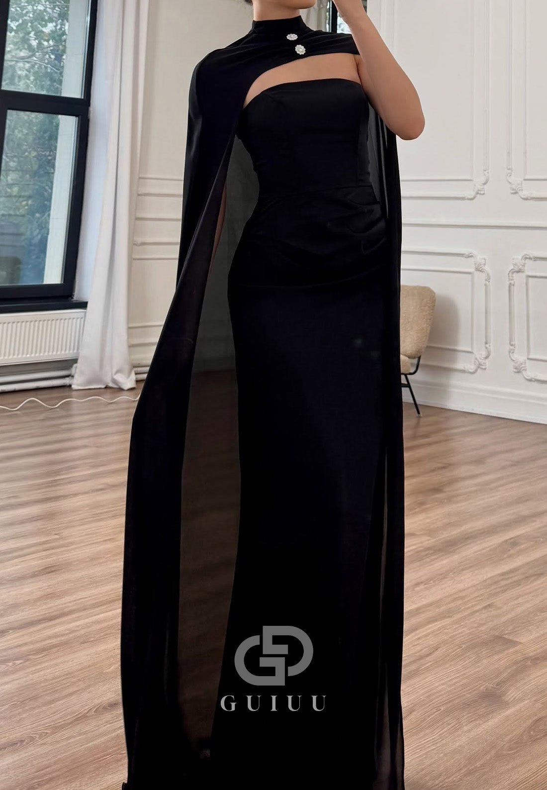 Simple Cape Sleeveless Strapless A-Line Prom Dress