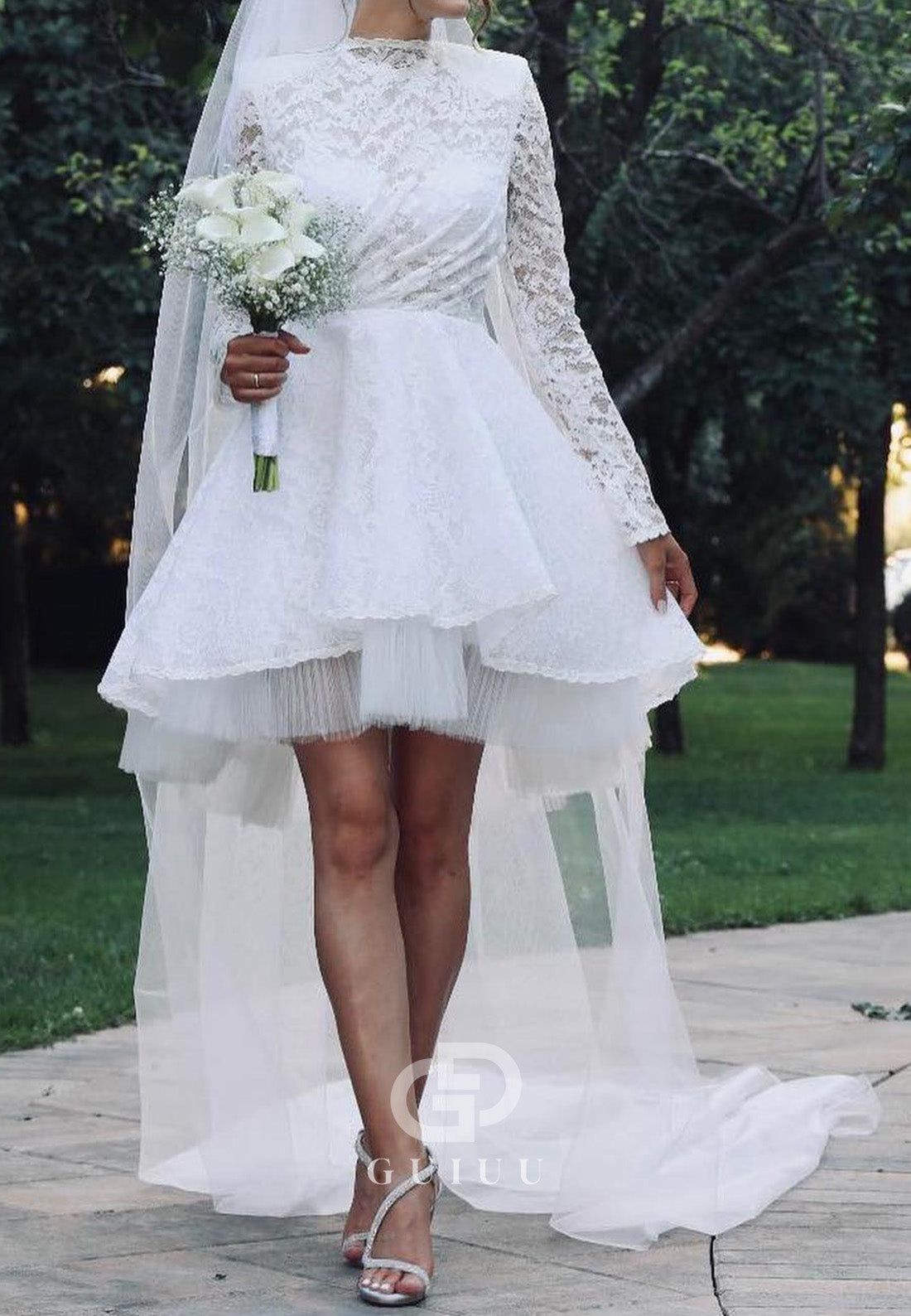 A-Line Long Sleeves Scoop Short Lace Wedding Dress