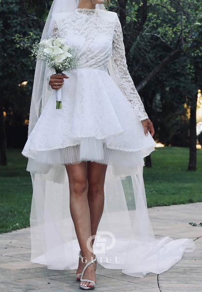 A-Line Long Sleeves Scoop Short Lace Wedding Dress