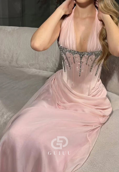 Blushing Pink Halter Sleeveless Corset Sequins Prom Dress