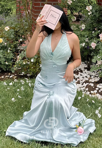 Mint Green Halter Sleeveless A-Line Ruched Prom Dress