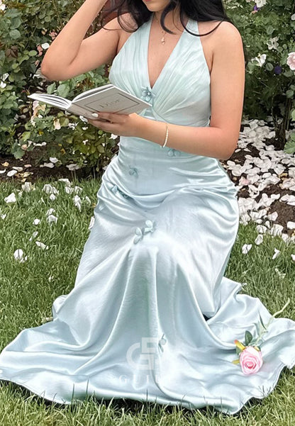 Mint Green Halter Sleeveless A-Line Ruched Prom Dress