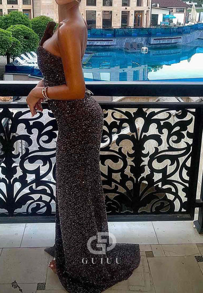 Black Sleeveless Strapless Sequins Slit Corset Prom Dress