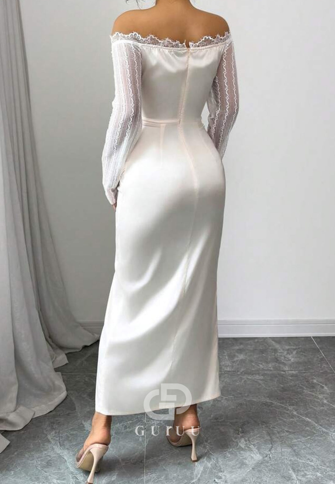 White Long Sleeves Slit Ruched Ankle-Length Evening Dress