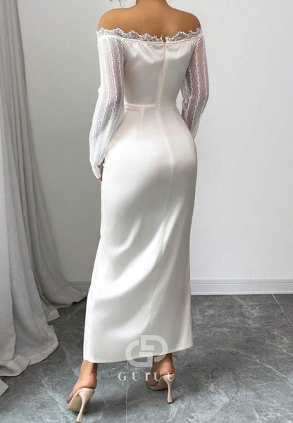 White Long Sleeves Slit Ruched Ankle-Length Evening Dress