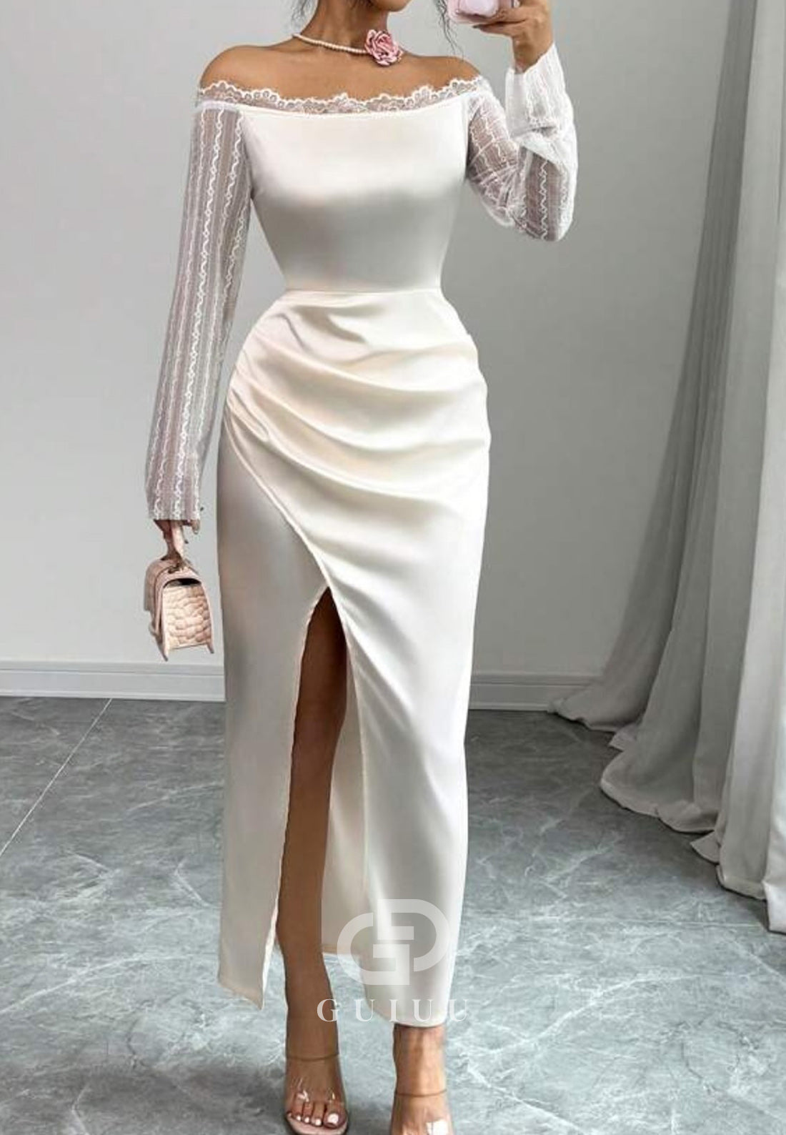White Long Sleeves Slit Ruched Ankle-Length Evening Dress