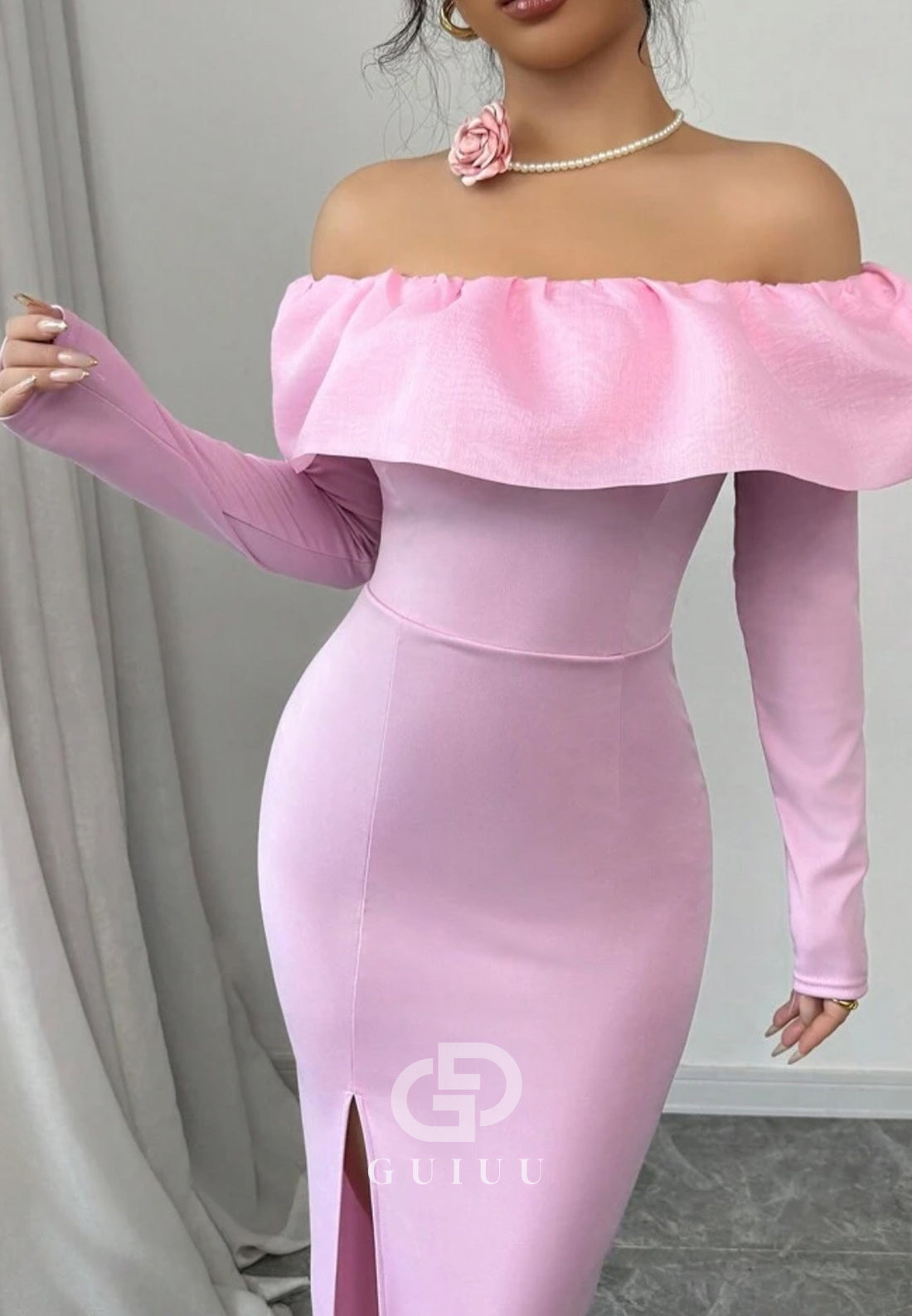 Blushing Pink Off-Shoulder Long Sleeves Side Slit Evening Dress