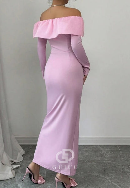 Blushing Pink Off-Shoulder Long Sleeves Side Slit Evening Dress